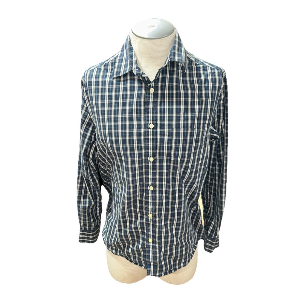 Merona Mens Plaid Button Down Dress Shirt Navy White Long Sleeve Size M
